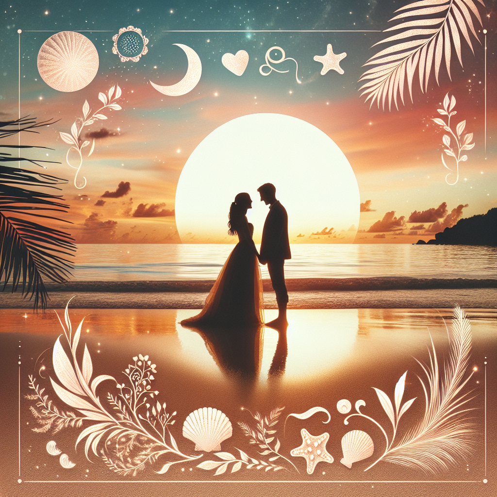 Romantic honeymoon-themed profile photo featuring a silhouette of a couple against a sunset with celestial and tropical illustrations.