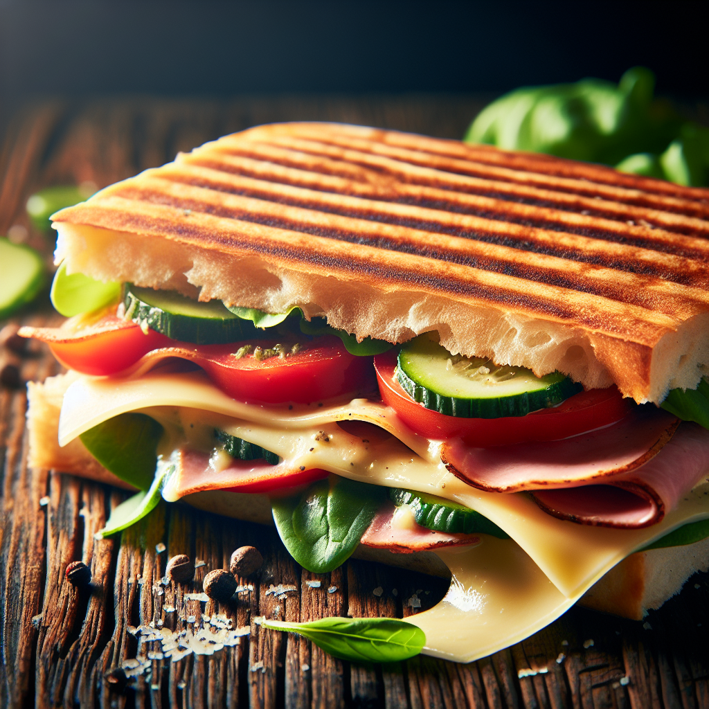 Grilled panini sandwich with melted cheese, ham, tomatoes, and spinach leaves, used as a profile picture.