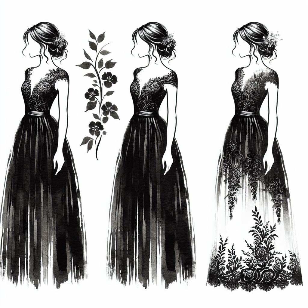 Profile photo of three elegant black-and-white illustrations of a woman in different styles of bridesmaid dresses, decorated with floral designs.