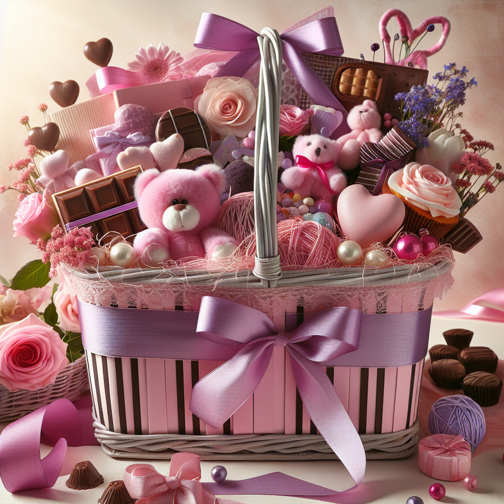 A colorful gift basket filled with plush bears, chocolates, flowers, and decorative elements in pink and purple, designed as a cheerful profile photo or forum avatar.