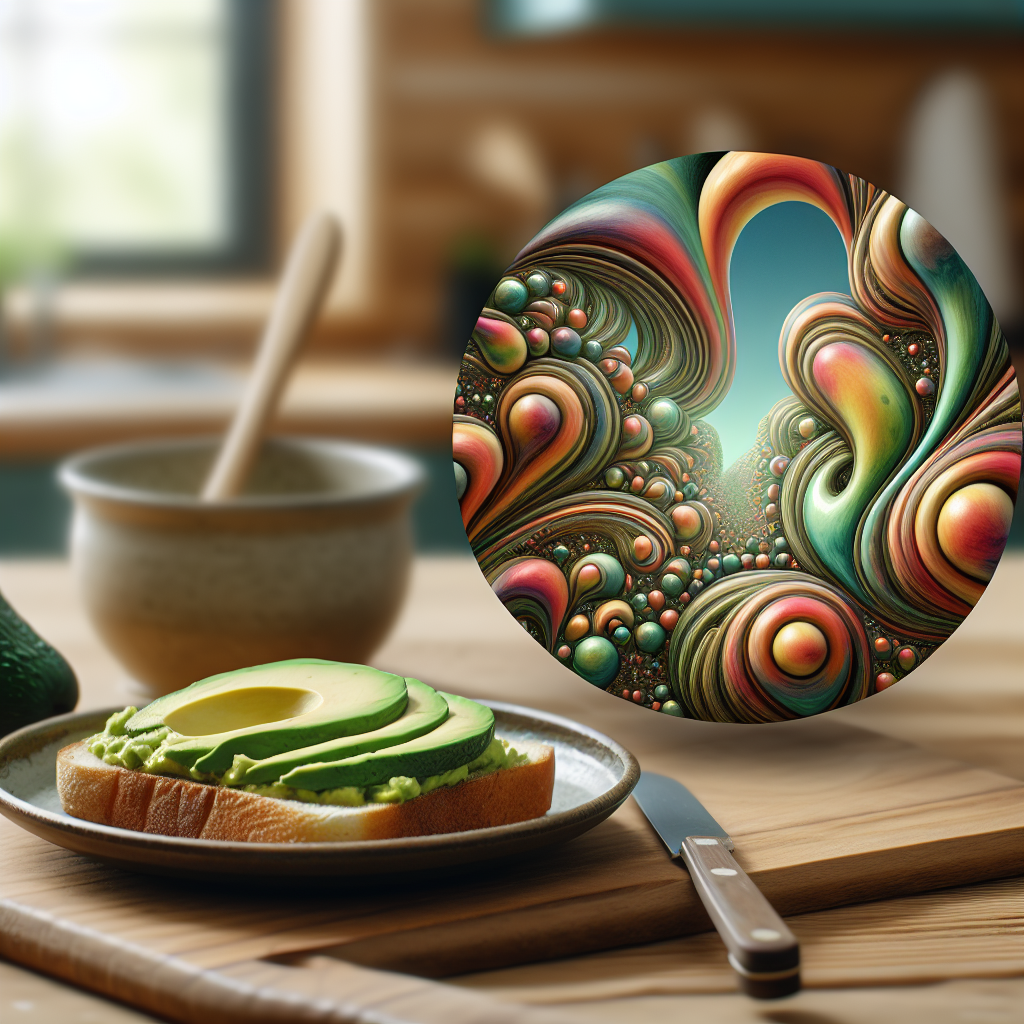 Stylish avatar shadowing a vibrant avocado toast set in a cozy kitchen setting.