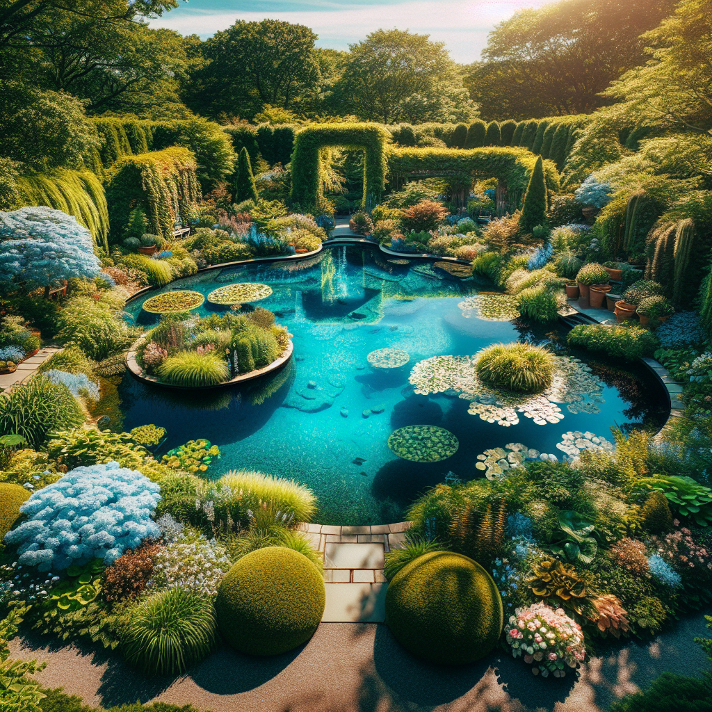 Beautifully landscaped garden pond with lush greenery and vibrant flowers, serving as a serene avatar or profile picture.