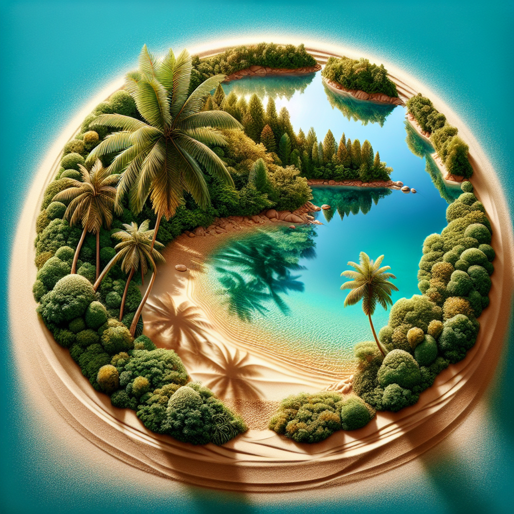 Avatar of a stylized tropical island with lush greenery and palm trees forming a circular frame against a serene blue background.