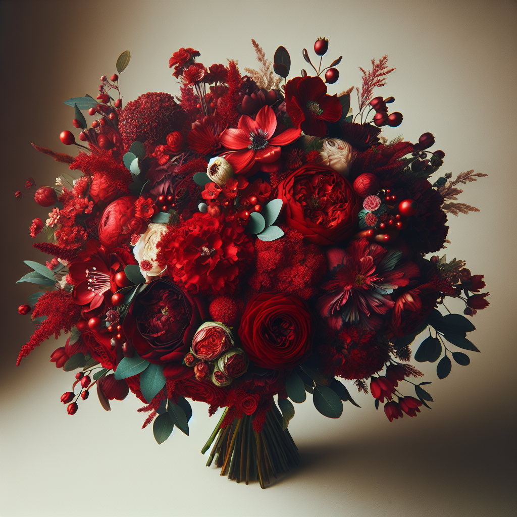 Profile photo of a richly hued wedding bouquet featuring deep red roses and assorted floral accents on a dark background.