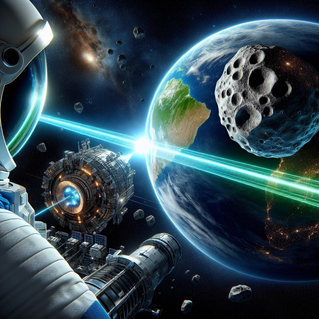 Planet defense concept avatar featuring Earth, an asteroid, and futuristic defense technology in space.