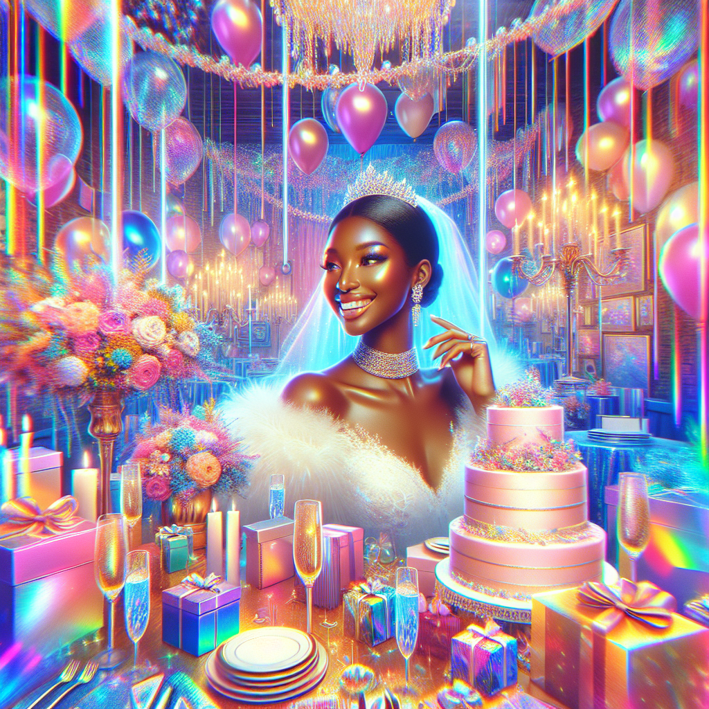 Avatar of a smiling bride at a colorful bridal shower celebration, featuring balloons, a tiered cake, and elegant decor.