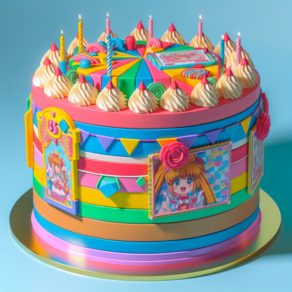 Colorful birthday cake adorned with candles, swirls, and cartoon character panels, used as a vibrant forum avatar.