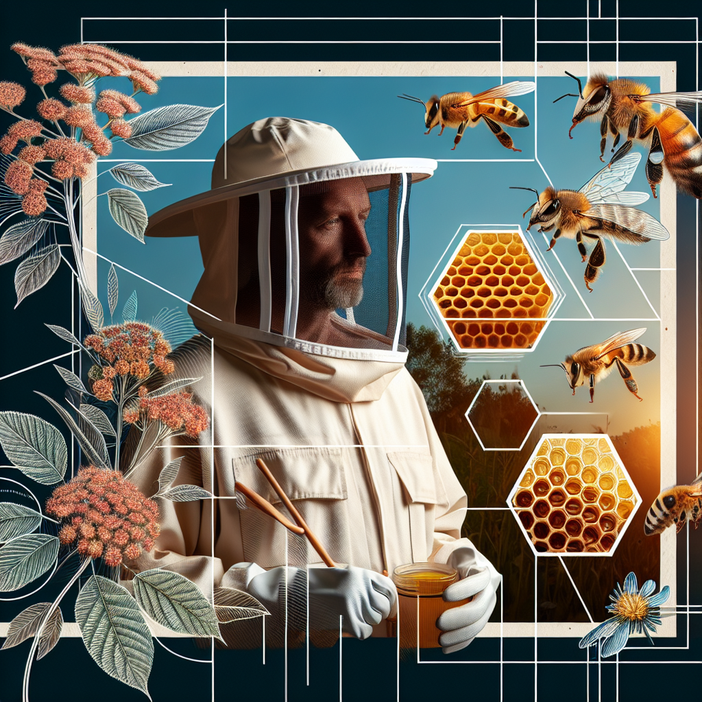 Profile photo of a beekeeper in protective gear, surrounded by images of bees and honeycombs, with a botanical illustration background.