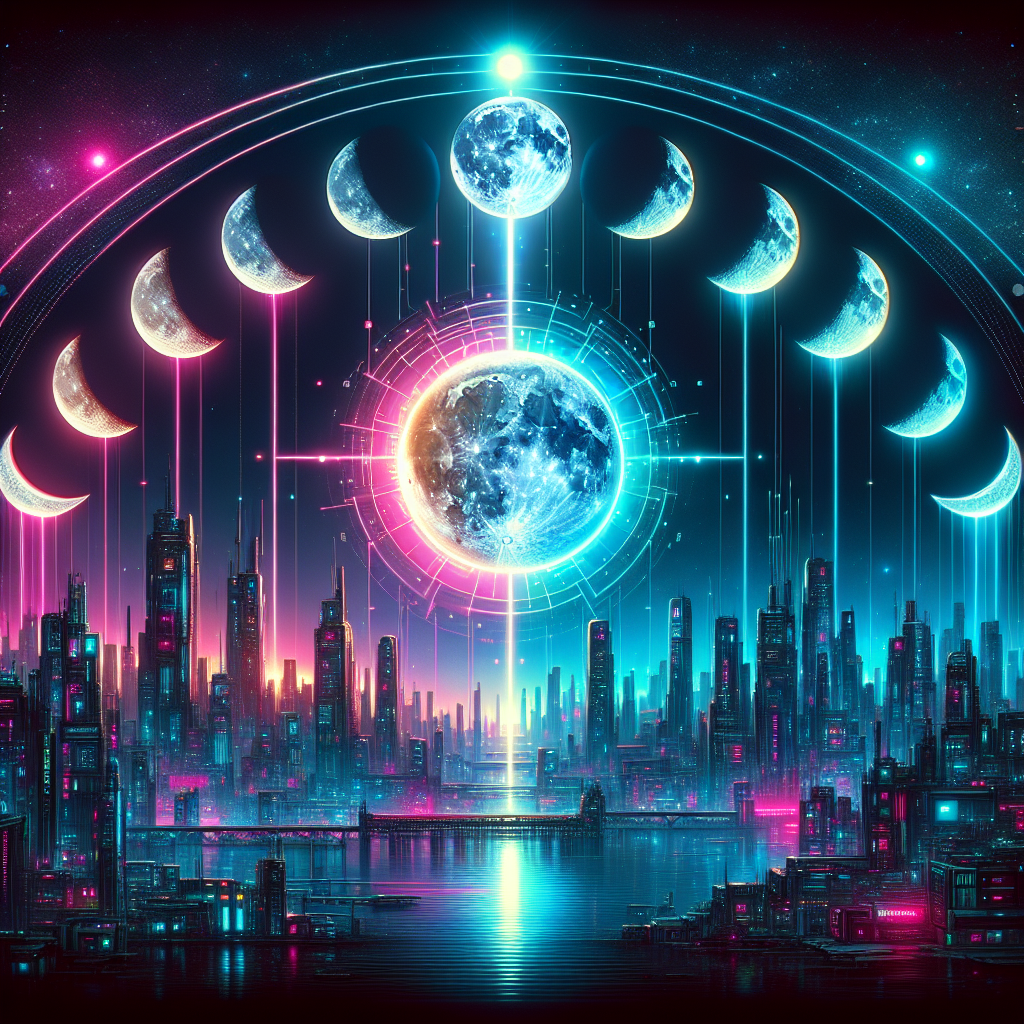 Futuristic cityscape profile picture with a vibrant depiction of moon phases set against a neon-lit skyline.