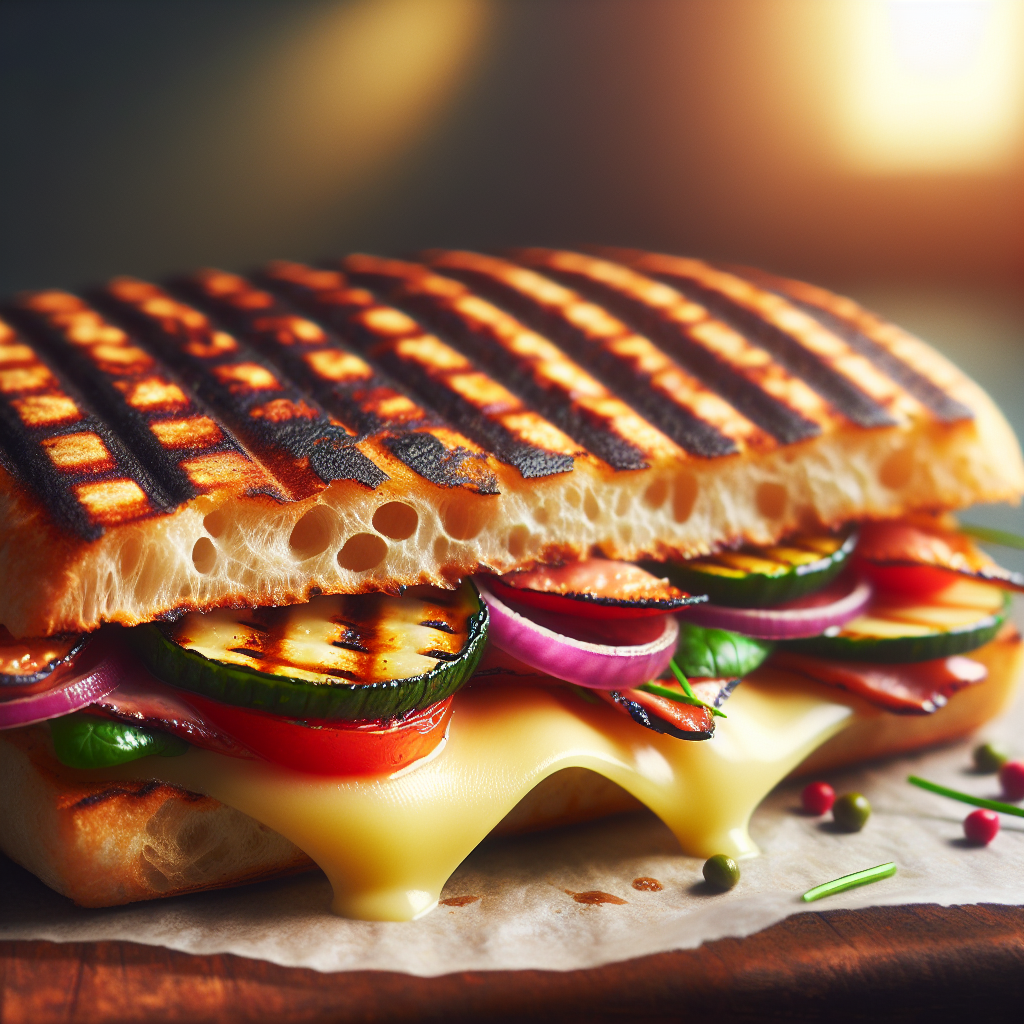 A deliciously grilled panini filled with melted cheese, roasted vegetables, and vibrant toppings, capturing a warm, appetizing vibe for a forum avatar.
