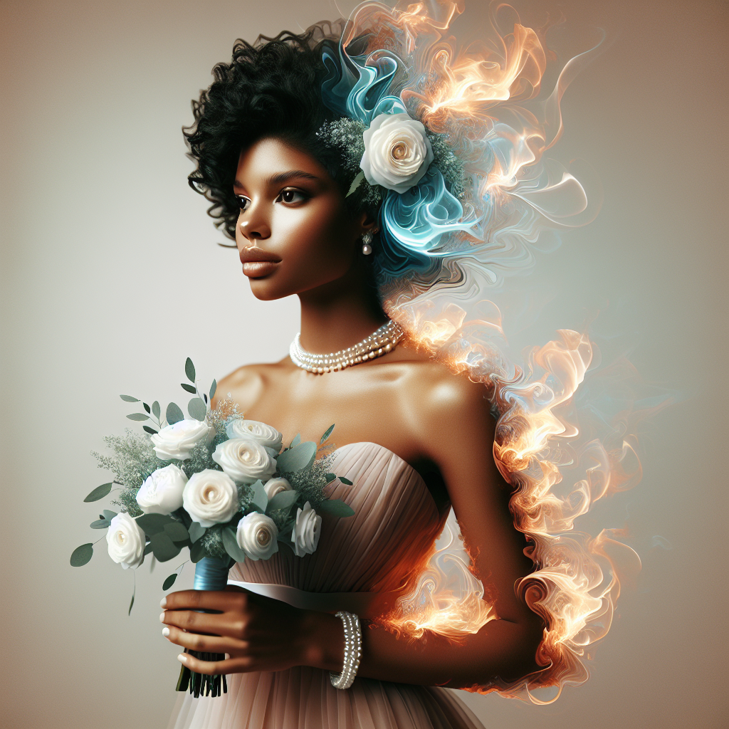 Elegant bridesmaid avatar with floral bouquet and fiery effects.
