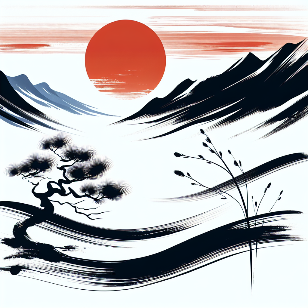 Stylized avatar featuring a winter sunrise with a bold red sun above snowy mountains and bare branches.