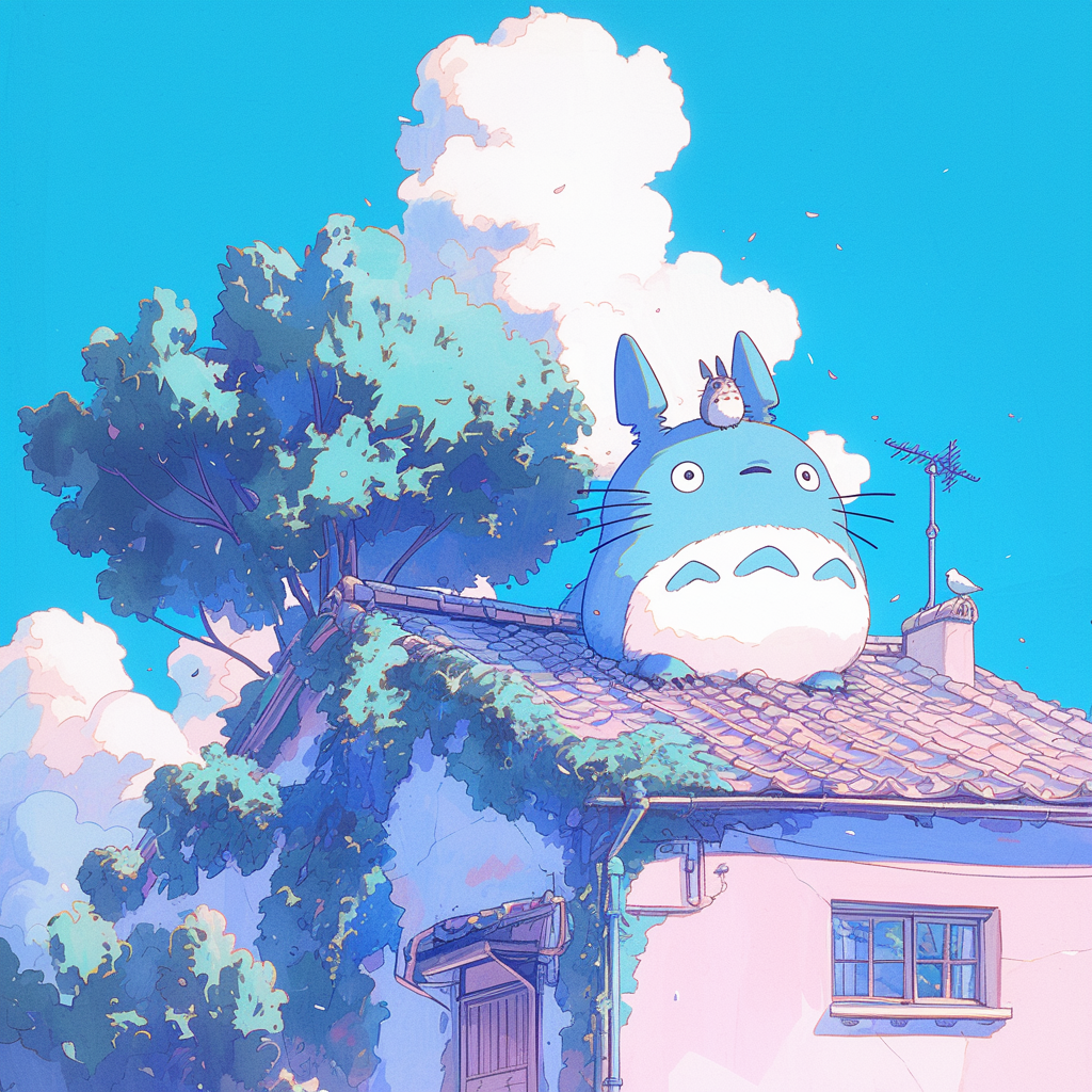 Avatar of Totoro on a house rooftop from My Neighbor Totoro anime with a pastel blue sky background.