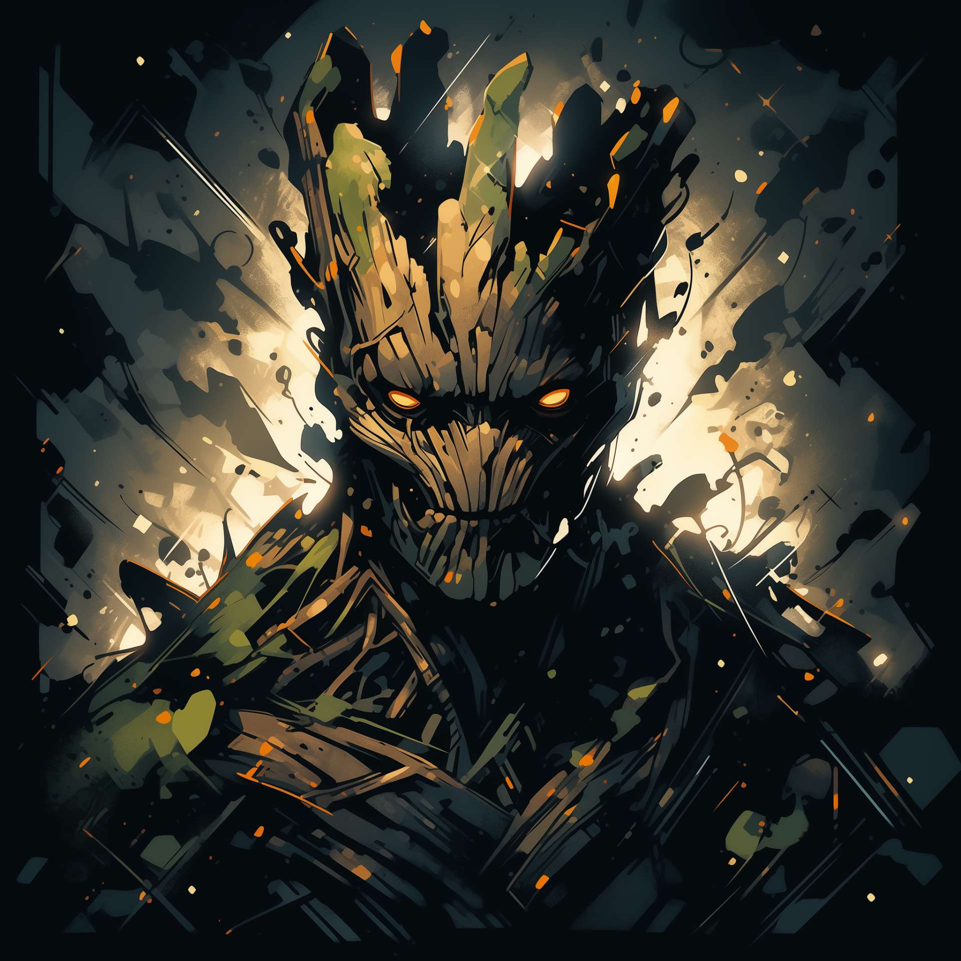 Profile photo of Groot from Marvel Comics, featuring an artistic depiction with glowing eyes amid dramatic, explosive detailing.