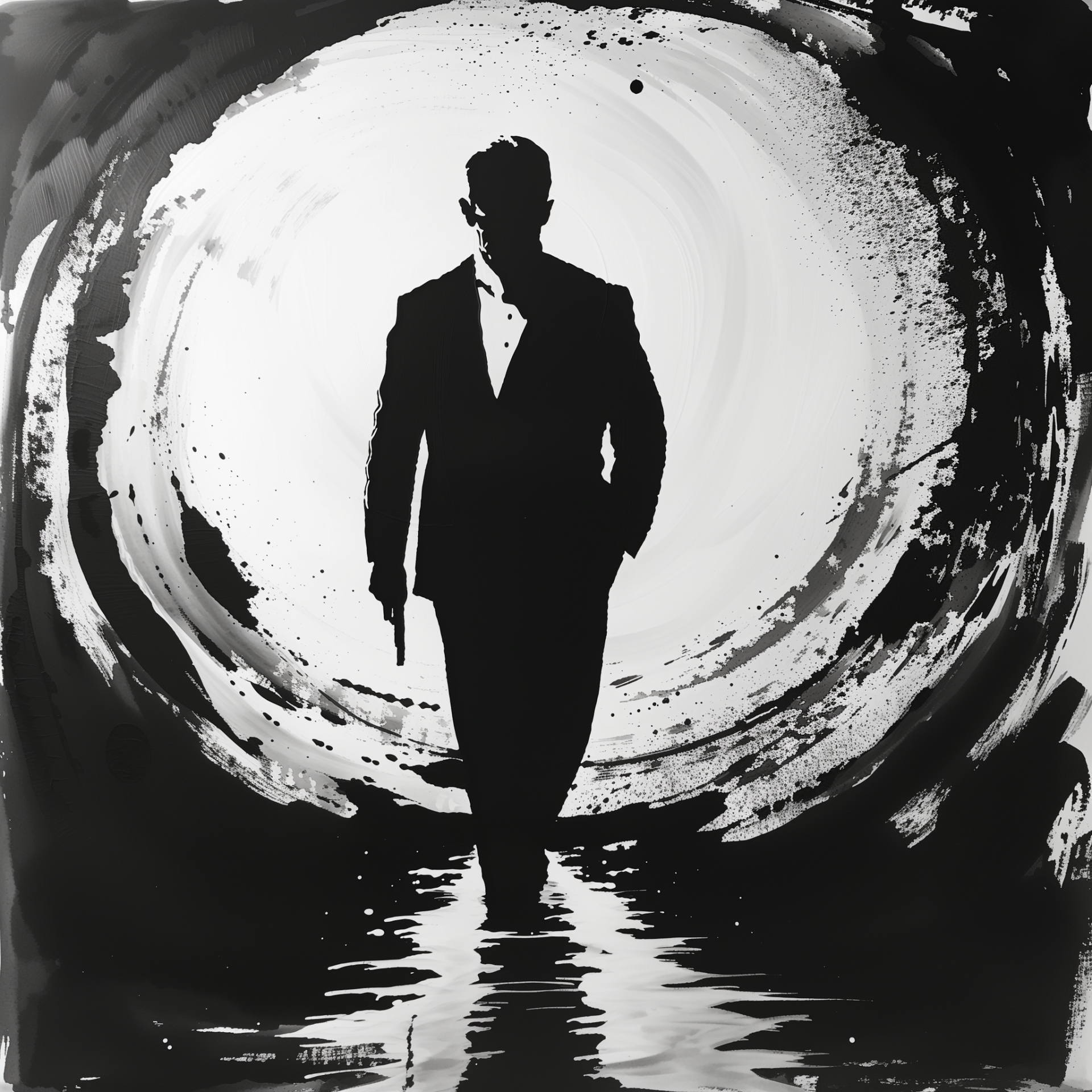 Silhouetted James Bond-inspired figure in a suit, centered in a stylized gun barrel spiral, designed for use as a stylish forum avatar.