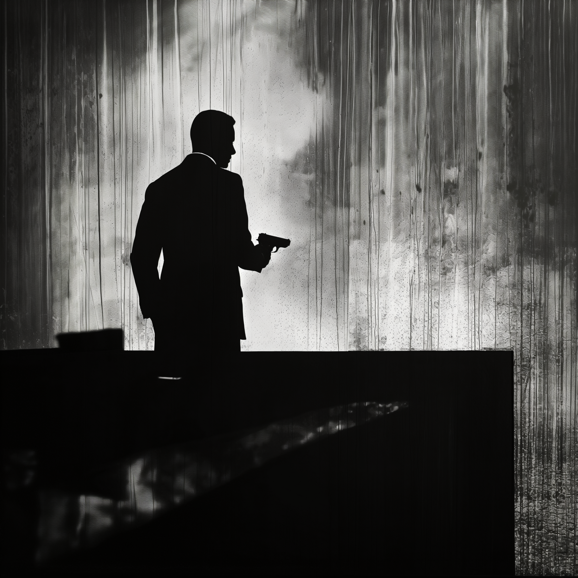 Silhouette of a James Bond-inspired character holding a gun, suitable as an avatar or profile picture.