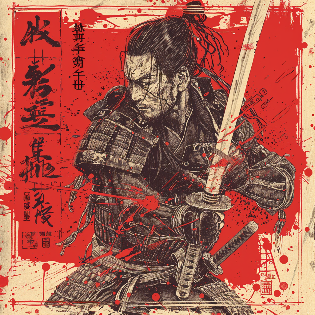 Artistic depiction of a samurai with a sword, featuring traditional Japanese calligraphy on a red background, designed for use as a forum avatar or profile photo.