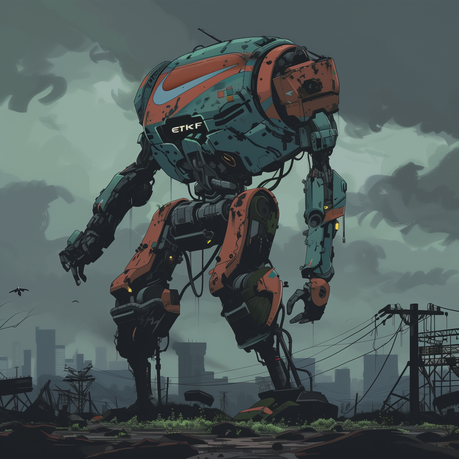 Illustration of a Nike-branded mecha robot avatar with dystopian backdrop for profile picture use.