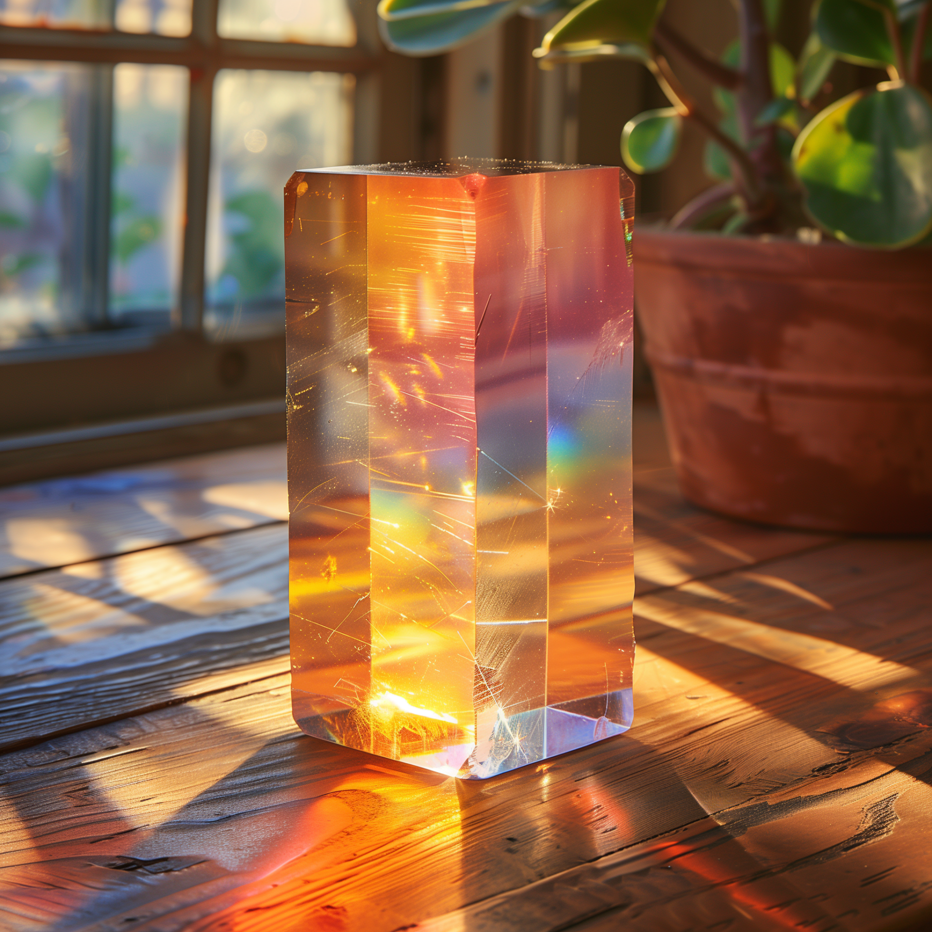 Prismatic crystal avatar capturing light spectrum on a sunny windowsill, creating a vibrant display of colors.