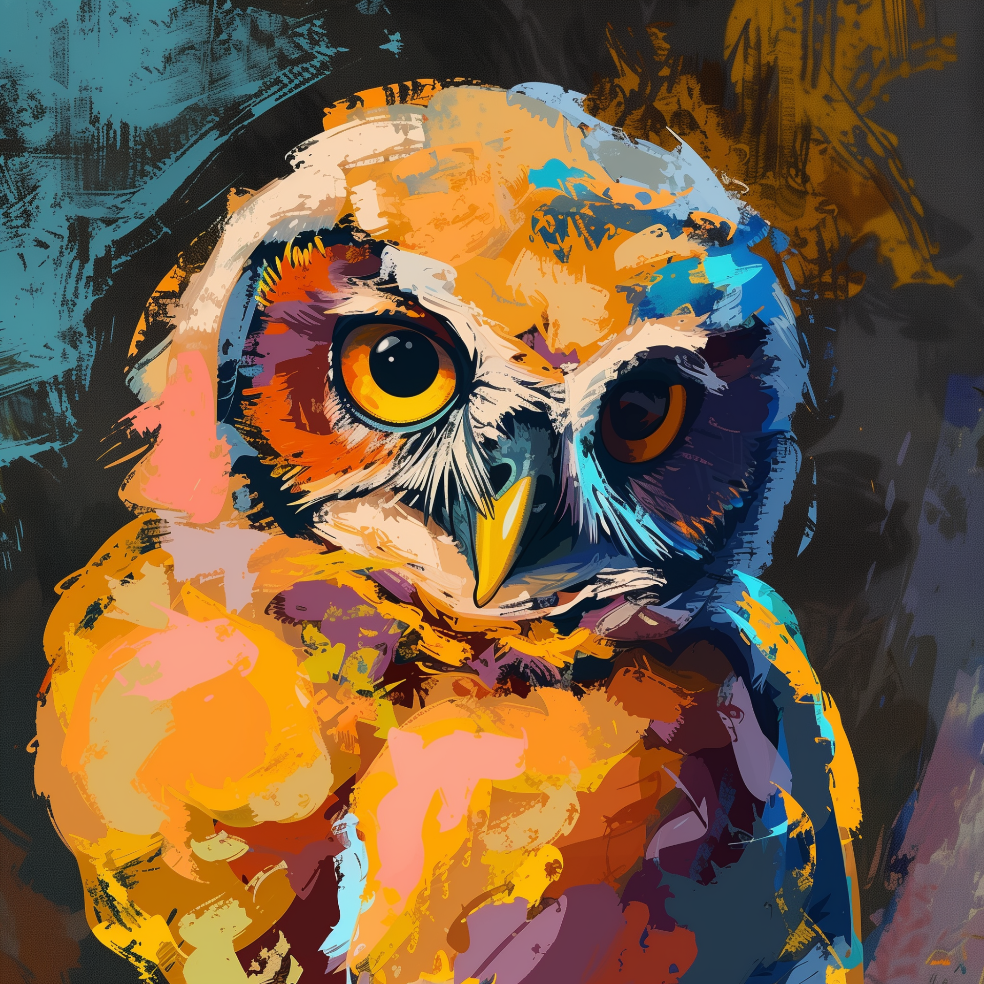 A vibrant, artistic depiction of a baby owl, featuring bold colors and expressive eyes, serving as a charming forum avatar or profile photo.