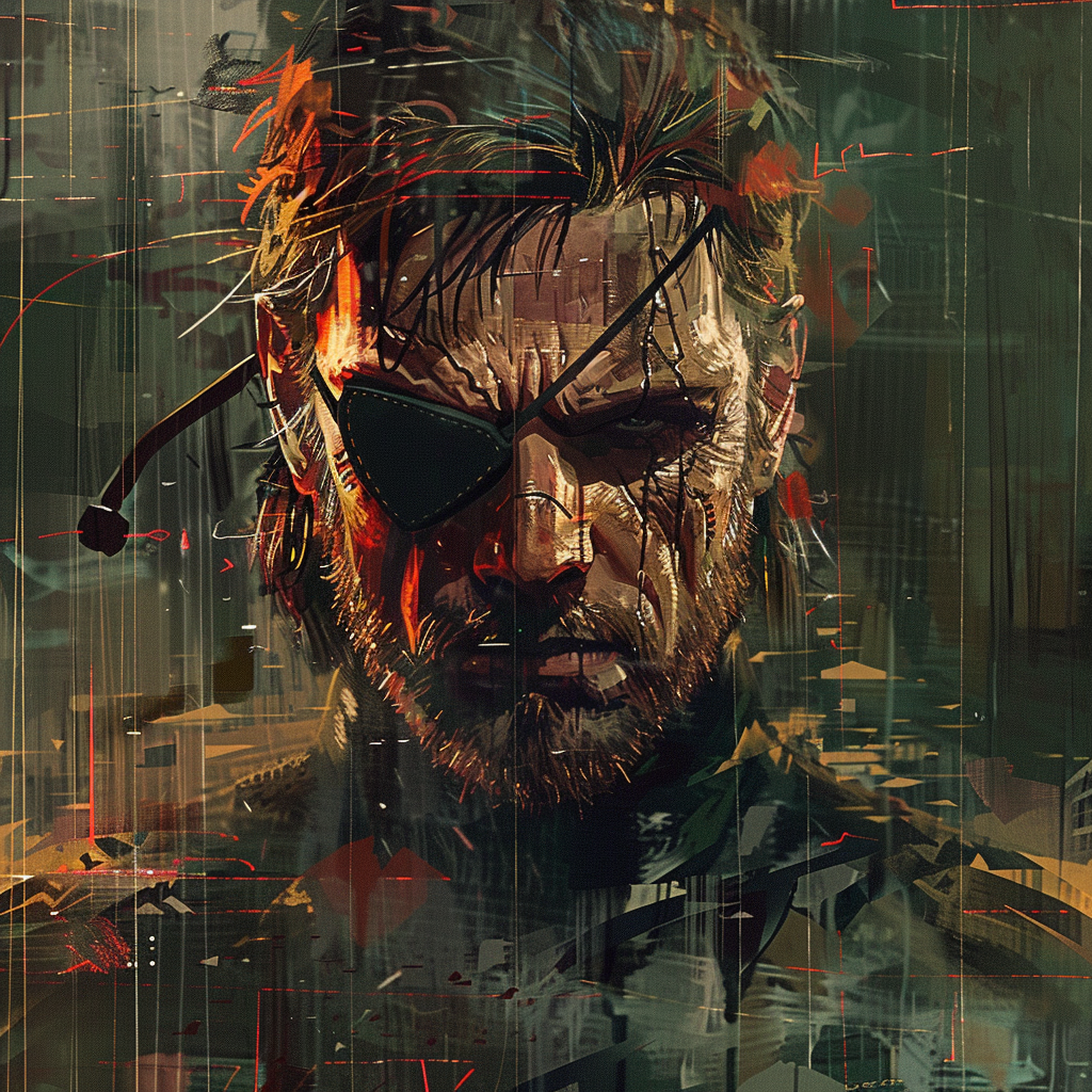 Fan art of a character from Metal Gear, showcasing a dramatic portrait of a man with an eyepatch and intense expression, set against an abstract, colorful background.