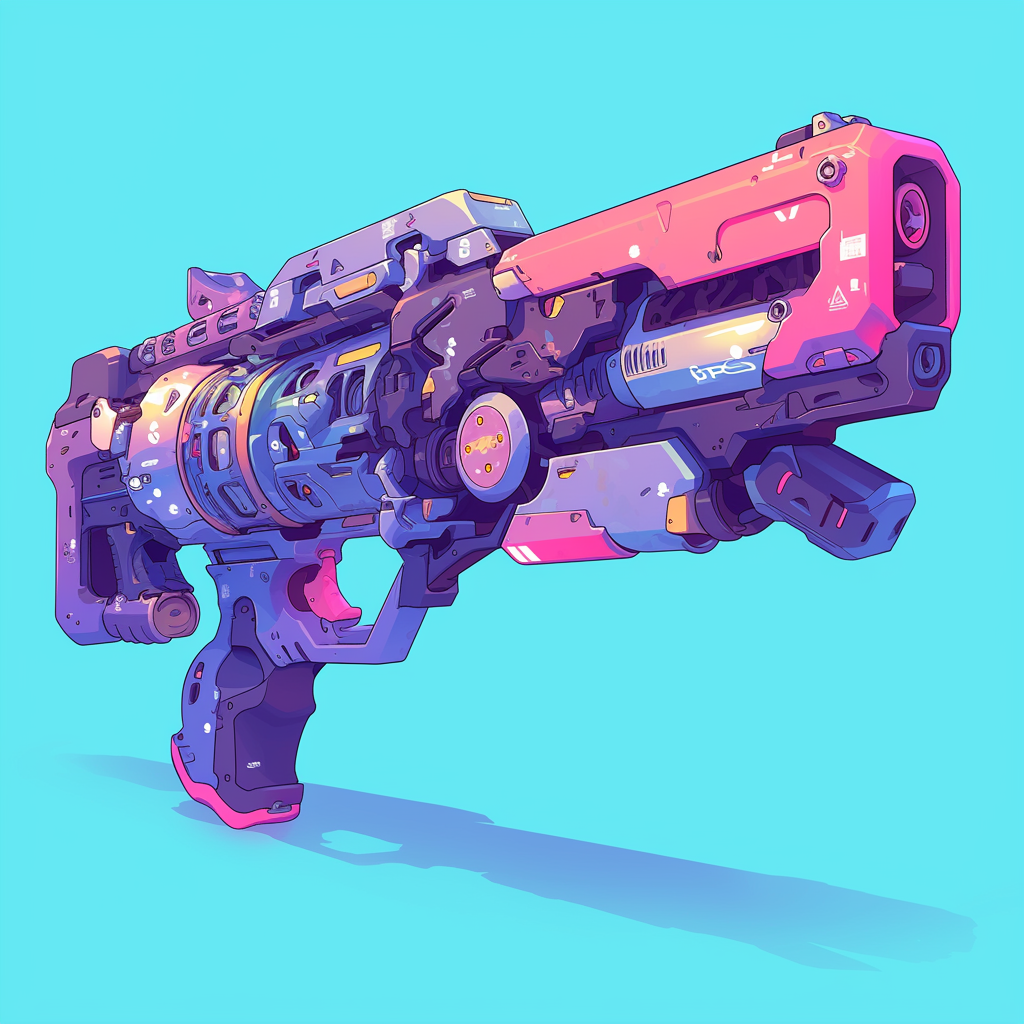 Profile photo of a detailed, pink and blue sci-fi laser gun against a light blue background.