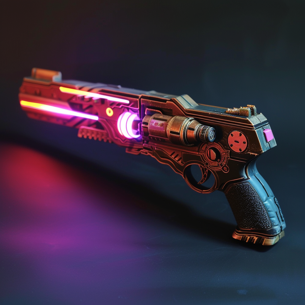 Sci-fi themed forum avatar featuring a detailed illustration of a glowing laser gun against a dark neon-lit background.