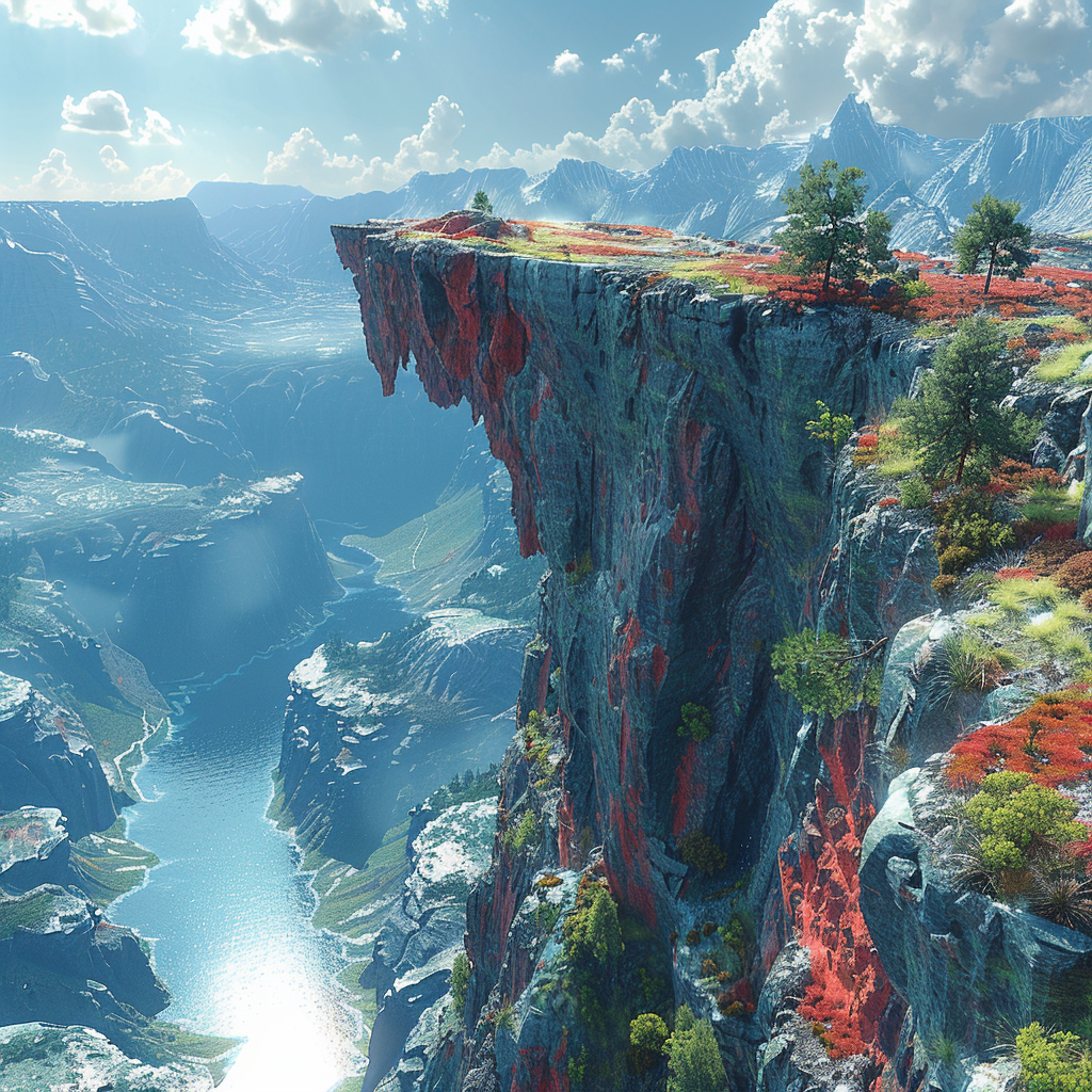 Sunny landscape avatar featuring a majestic rock cliff over a deep canyon with a river below.