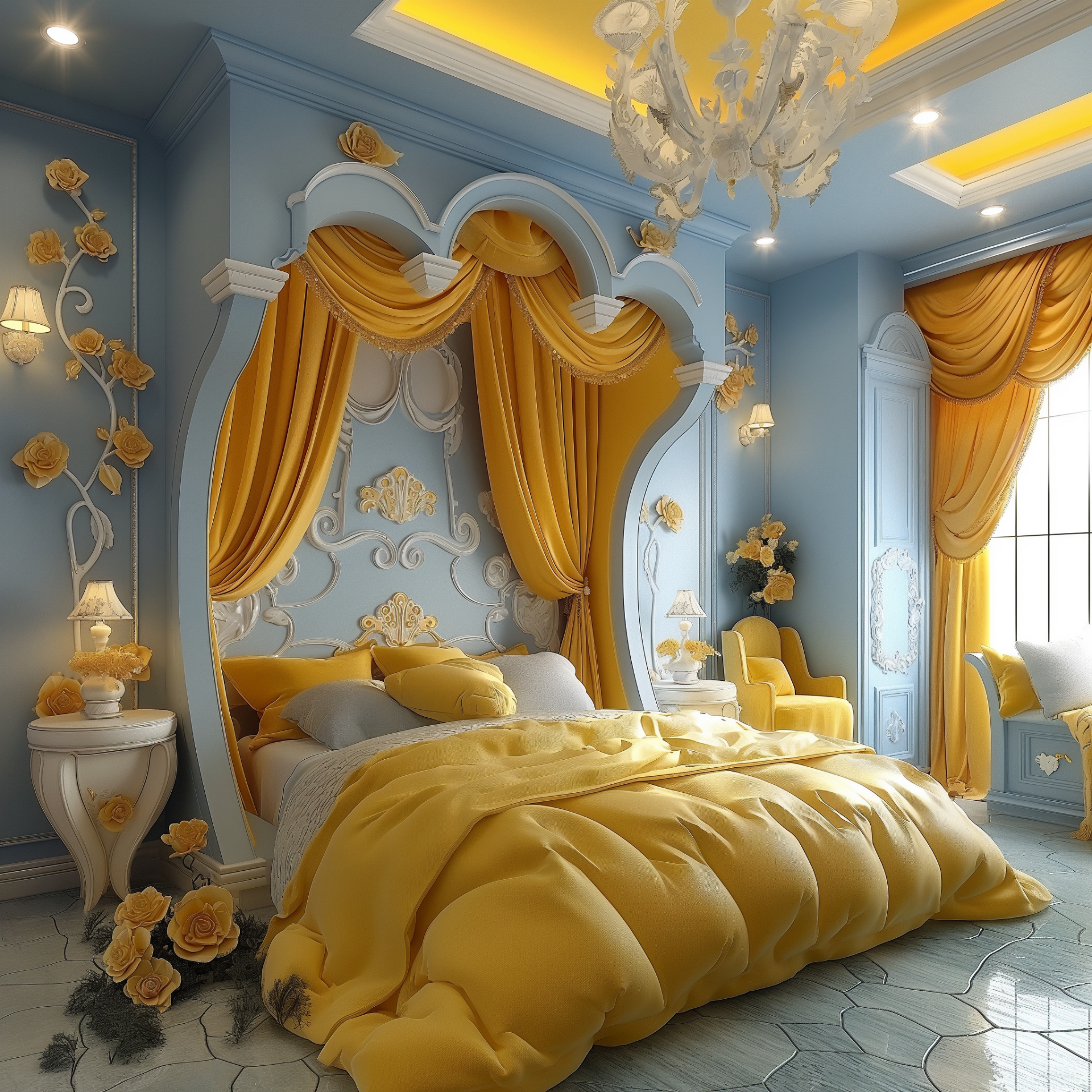 A beautifully designed bedroom featuring blue walls, luxurious yellow drapes, and floral accents, making it a vibrant choice for a forum avatar or profile photo.