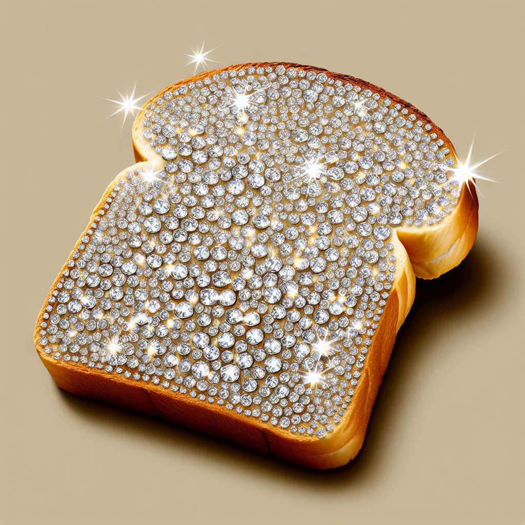 Glittering diamond-studded bread slice profile picture/avatar on beige background.