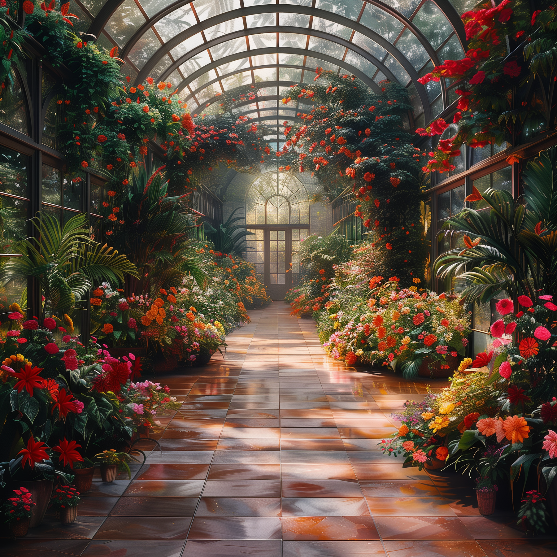 Avatar image of a lush botanical garden greenhouse with vibrant flowers and a sunlit pathway.