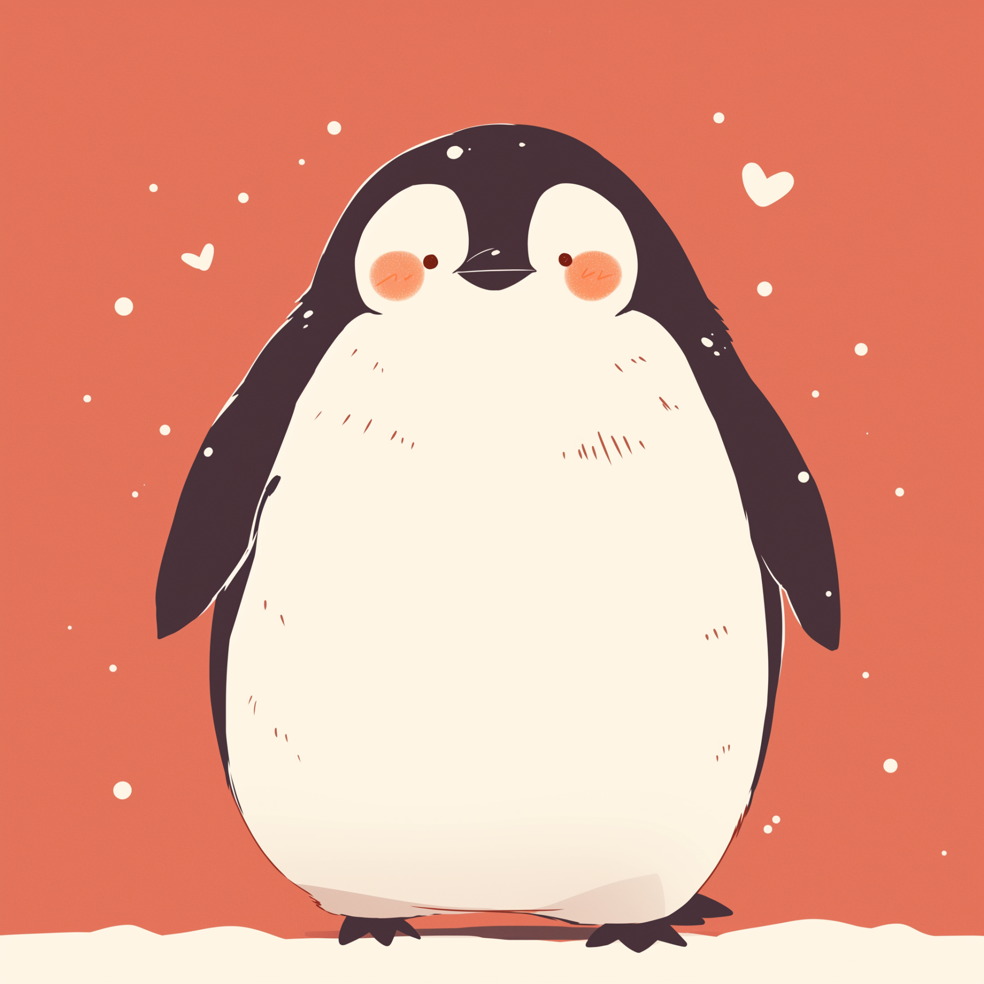 Profile photo of a cute and chubby cartoon penguin with heart-shaped cheeks standing on snow, set against a warm peach background.