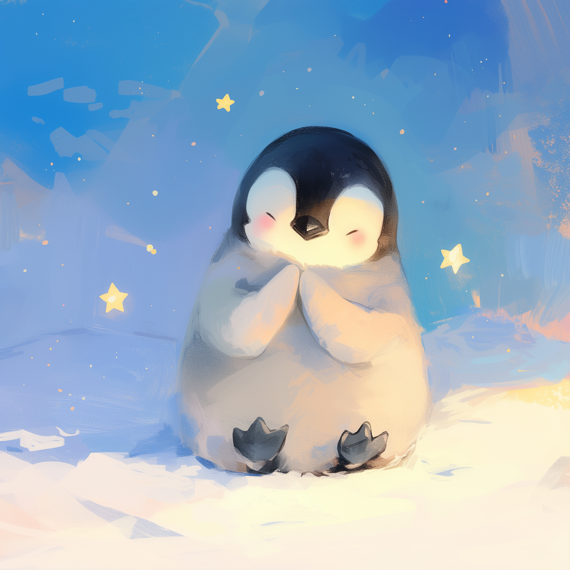 A cute cartoon penguin with rosy cheeks sits in a snowy landscape, surrounded by stars, serving as a playful forum avatar.