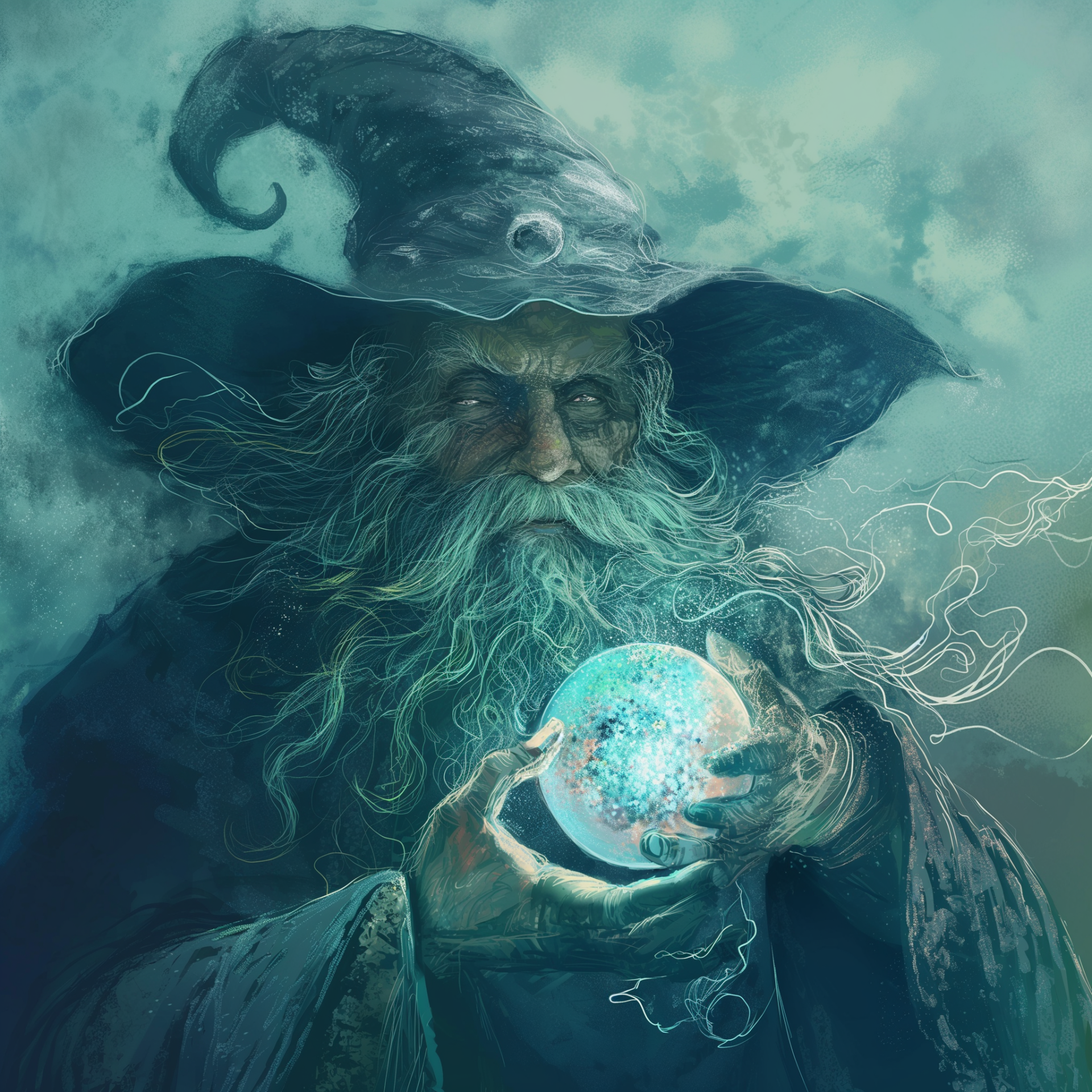 Wizard avatar holding a magical orb with mystical energy for a profile picture.