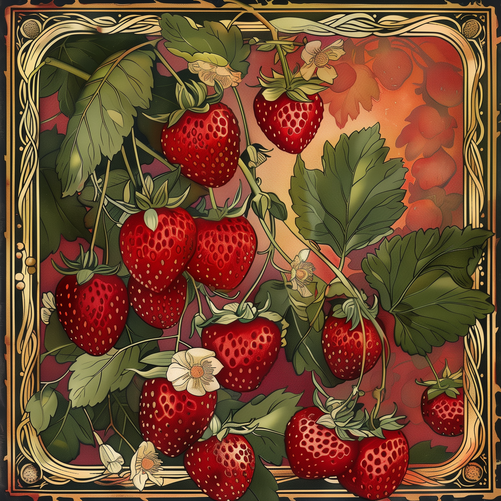 Artistic avatar image featuring ripe strawberries amidst lush leaves with a decorative, vintage-style golden border.