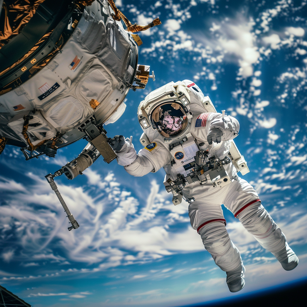 An astronaut in a white space suit floats in space, interacting with a spacecraft against a backdrop of Earth and clouds. Used as a profile photo, it's tagged with NASA.