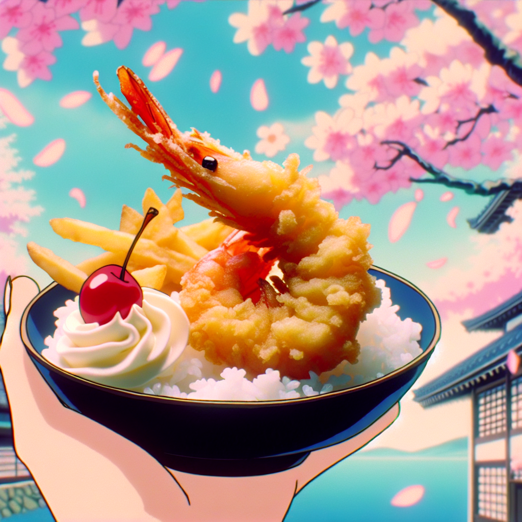 Avatar featuring a delicious tempura dish with shrimp over rice, garnished with a cherry and cream, set against a backdrop of cherry blossoms and traditional Japanese architecture.