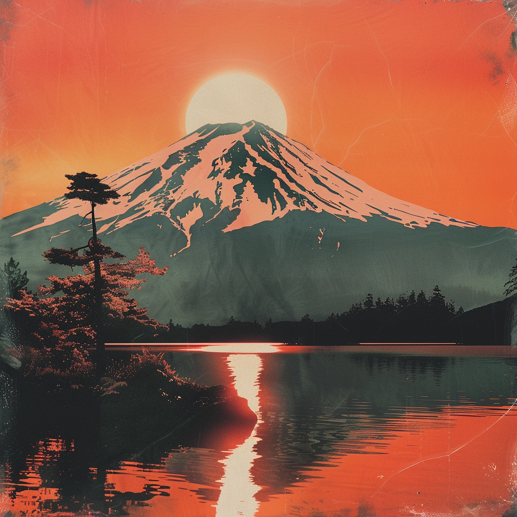 Digital art of Mount Fuji at sunset with vibrant orange sky, reflected in tranquil water, used as an avatar.