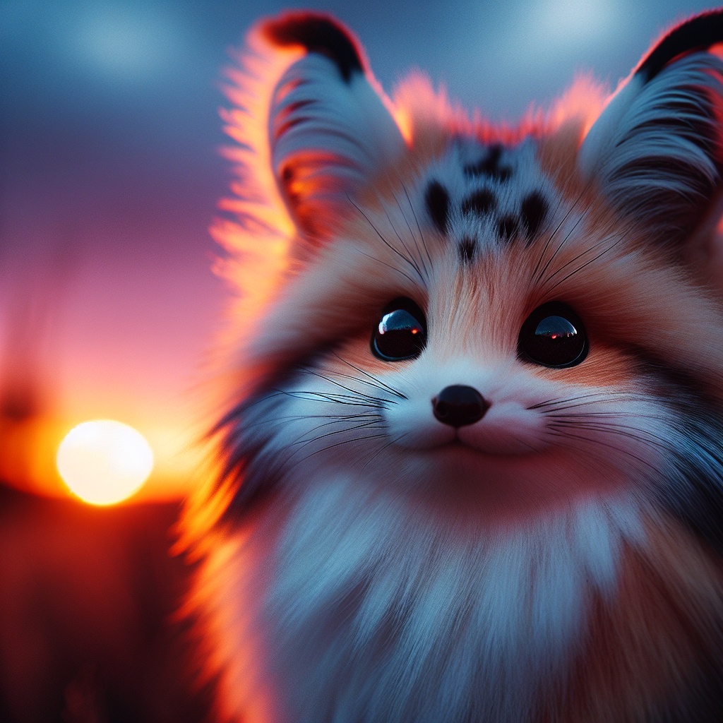 A cute and fluffy creature with big, expressive eyes, set against a vibrant sunset. This charming image makes a delightful forum avatar.