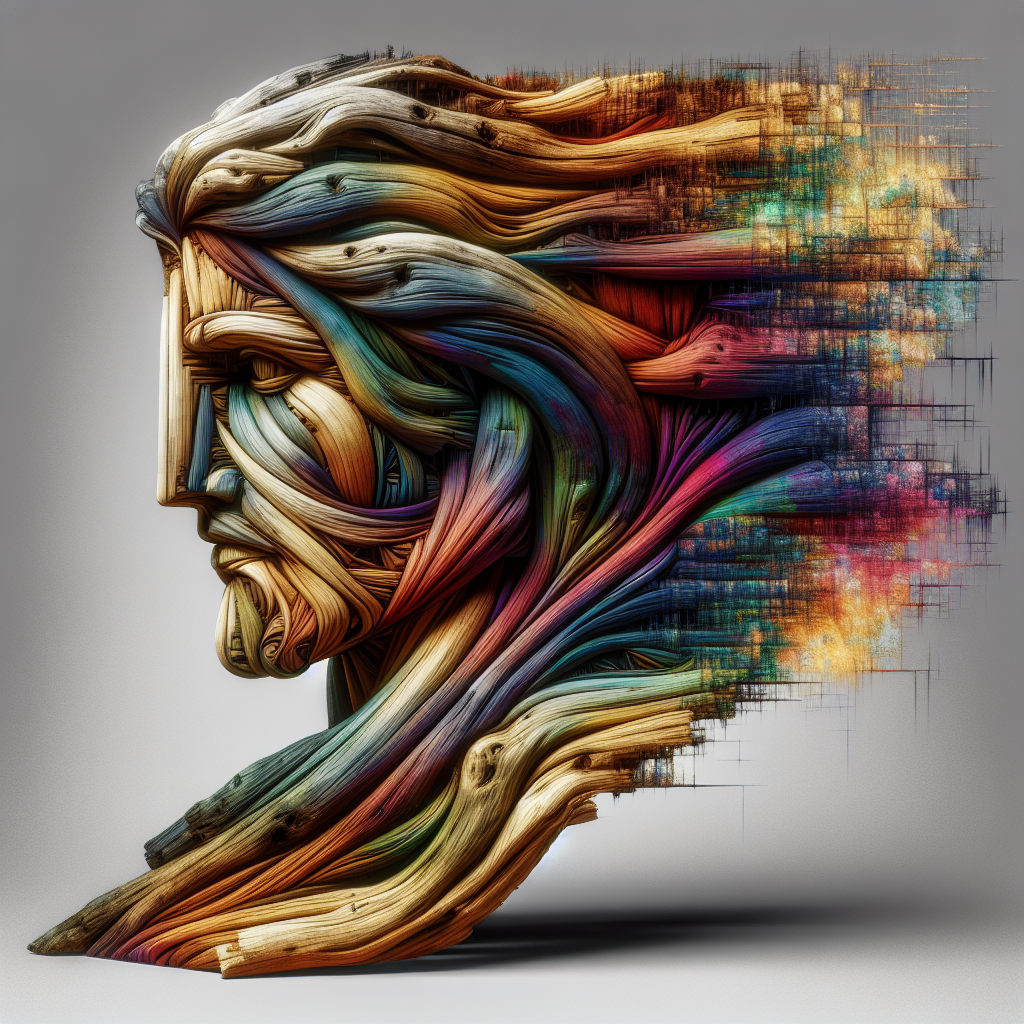 Artistic avatar featuring a stylized driftwood sculpture of a human profile with colorful digital effects.