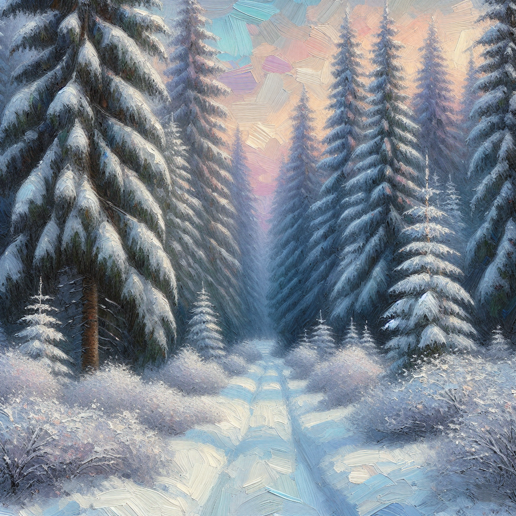Winter wonderland avatar featuring a path through a serene, snow-covered forest with tall evergreen trees under a soft pastel sky.
