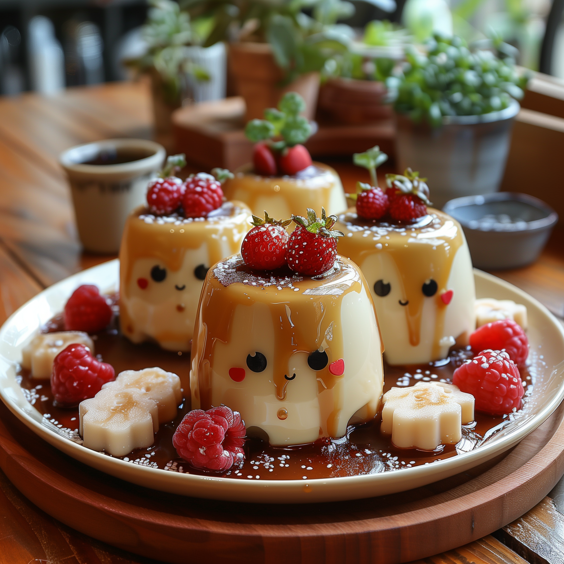 A playful avatar featuring adorable pudding desserts topped with raspberries and bananas, set on a rustic wooden table. A charming representation for a forum profile.