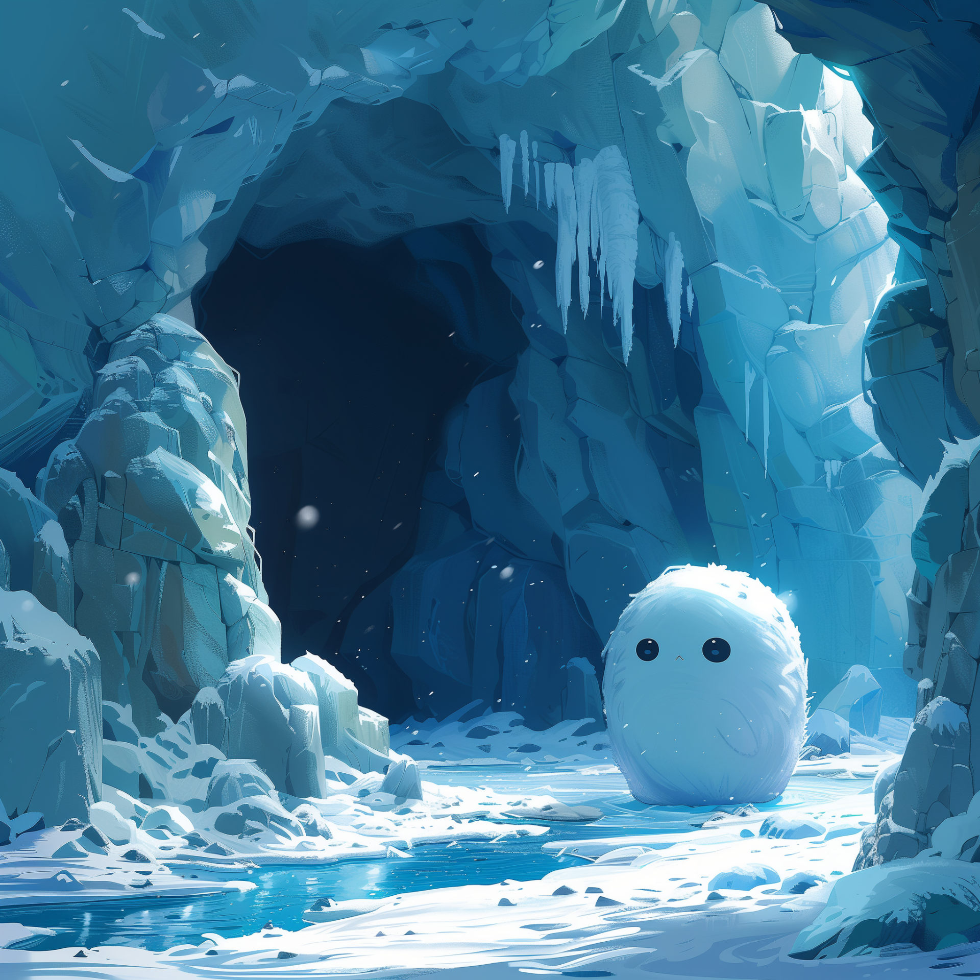 A whimsical profile picture featuring a cute, snowy creature in an enchanting ice cave, surrounded by shimmering icicles and a serene icy landscape.