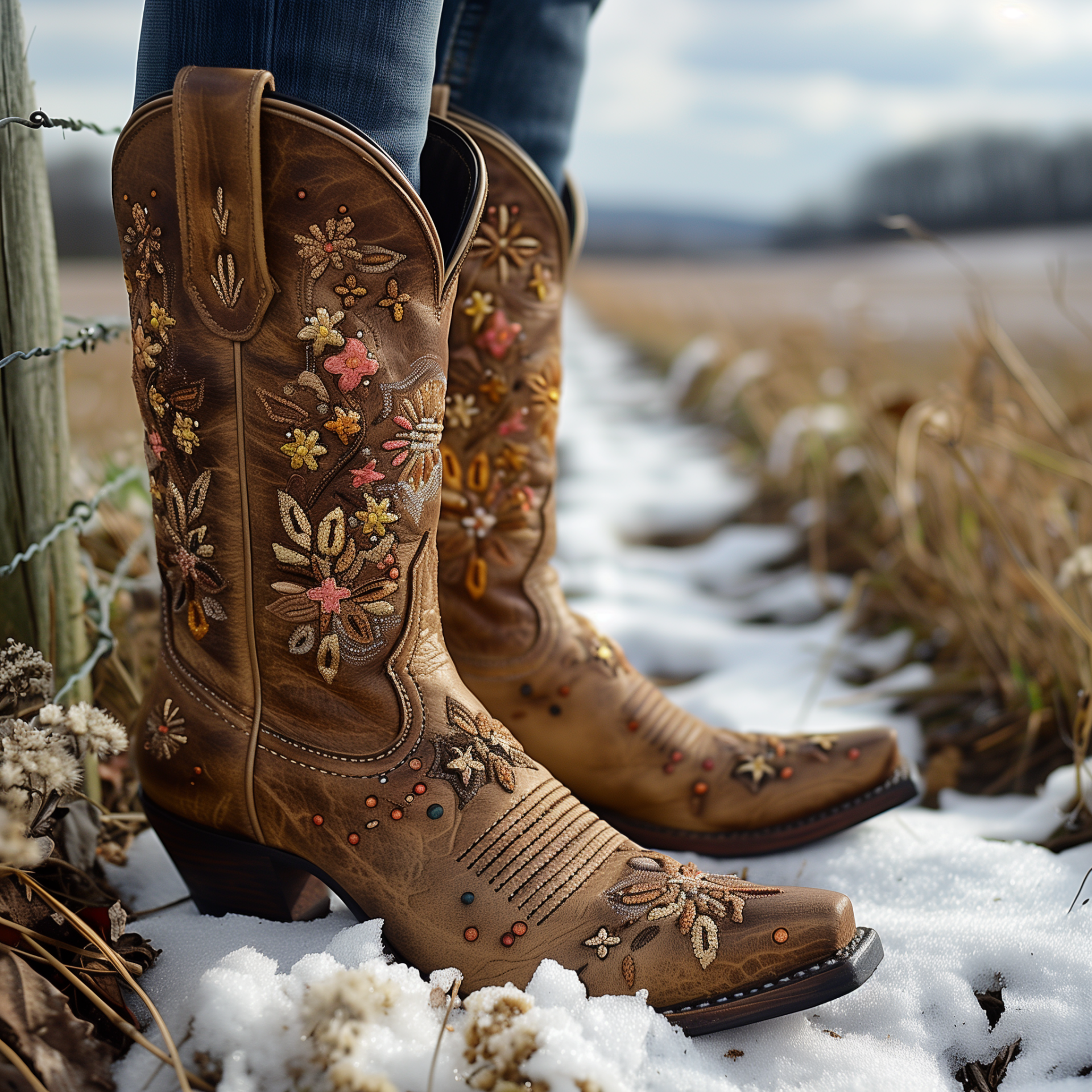 Elegant embroidered cowboy boots standing in snow, avatar image depicting stylish western footwear.