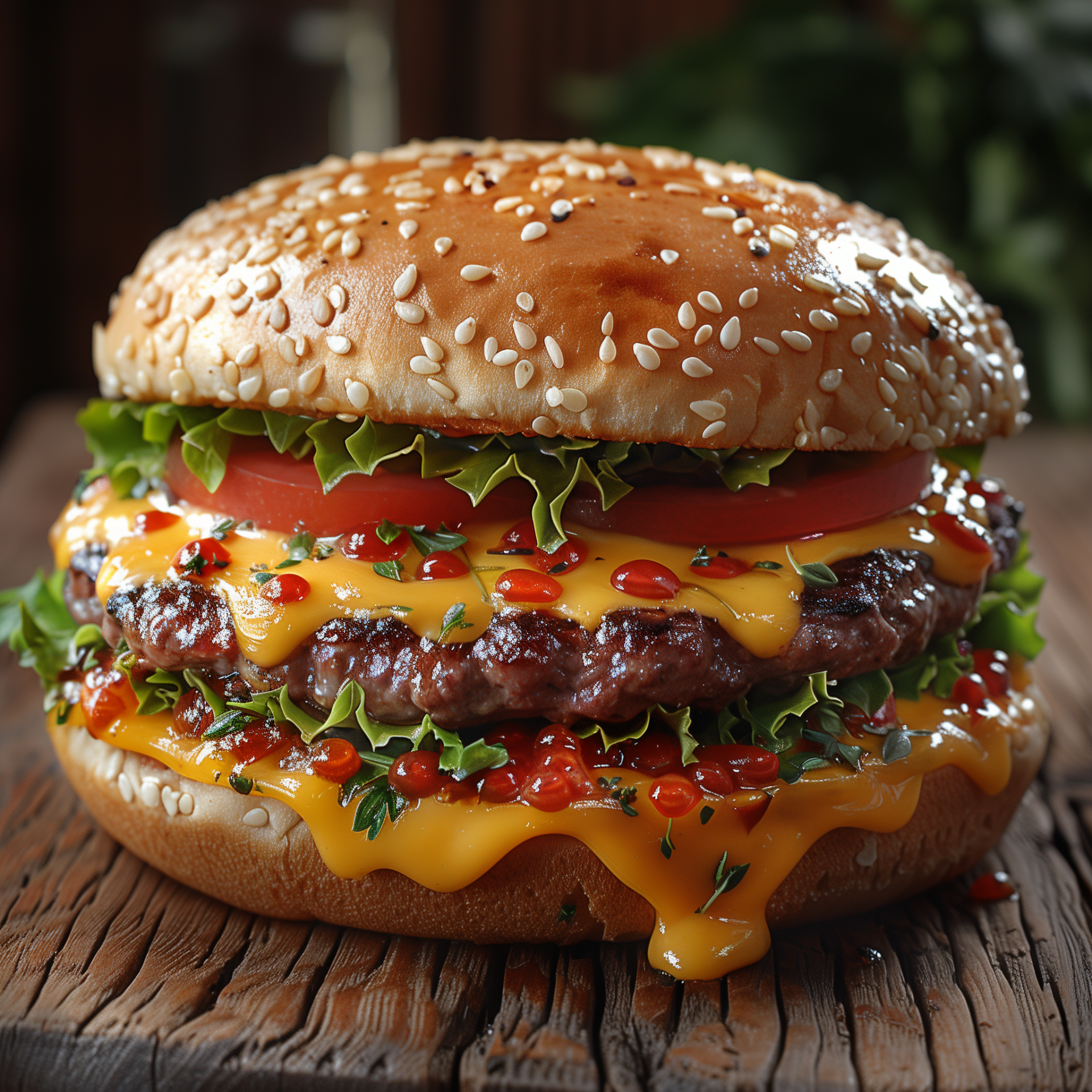 Avatar image of a juicy double cheeseburger with lettuce, tomato, and condiments on a sesame seed bun.