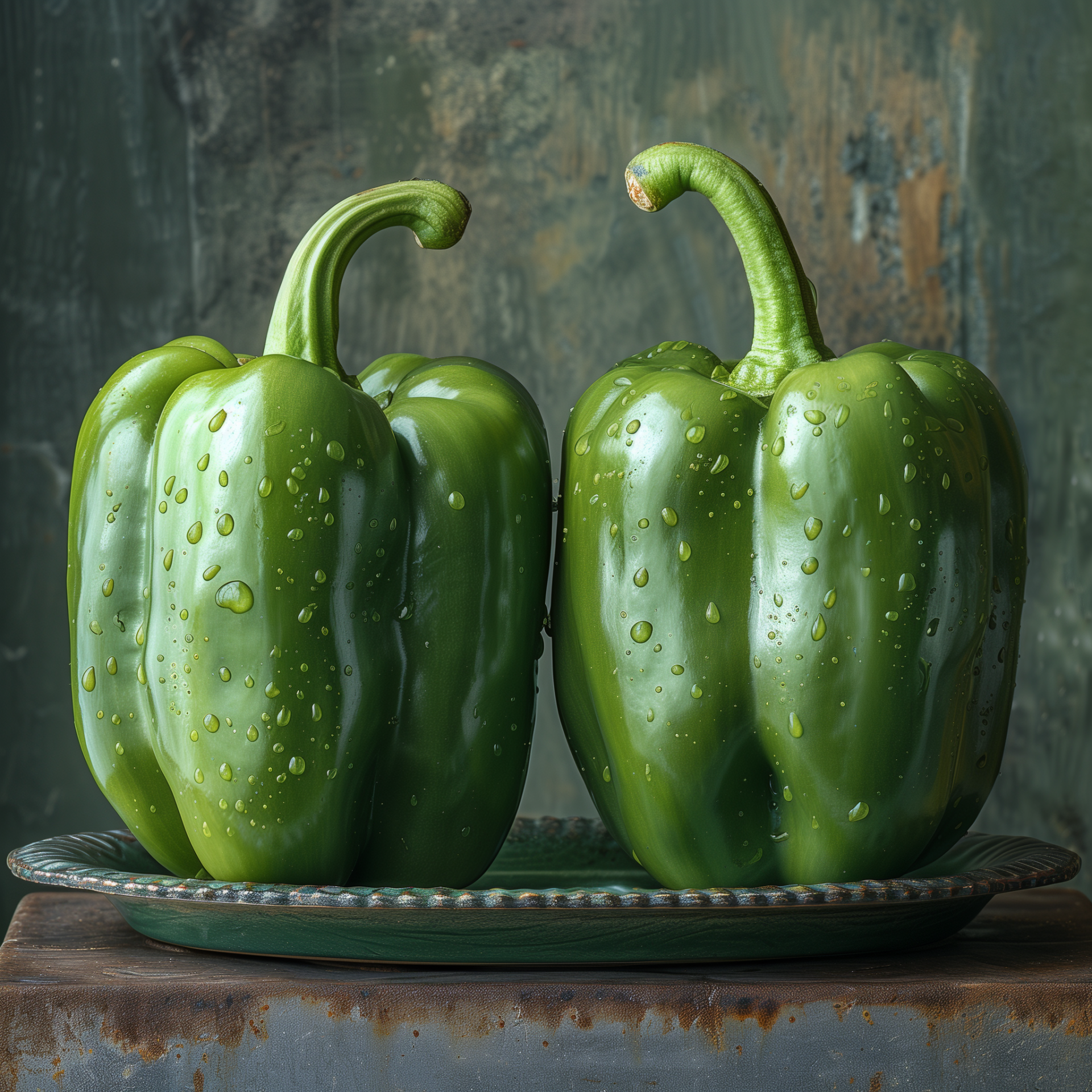 A vibrant image of two fresh green bell peppers, glistening with droplets, displayed on a rustic plate, serving as an eye-catching forum avatar.