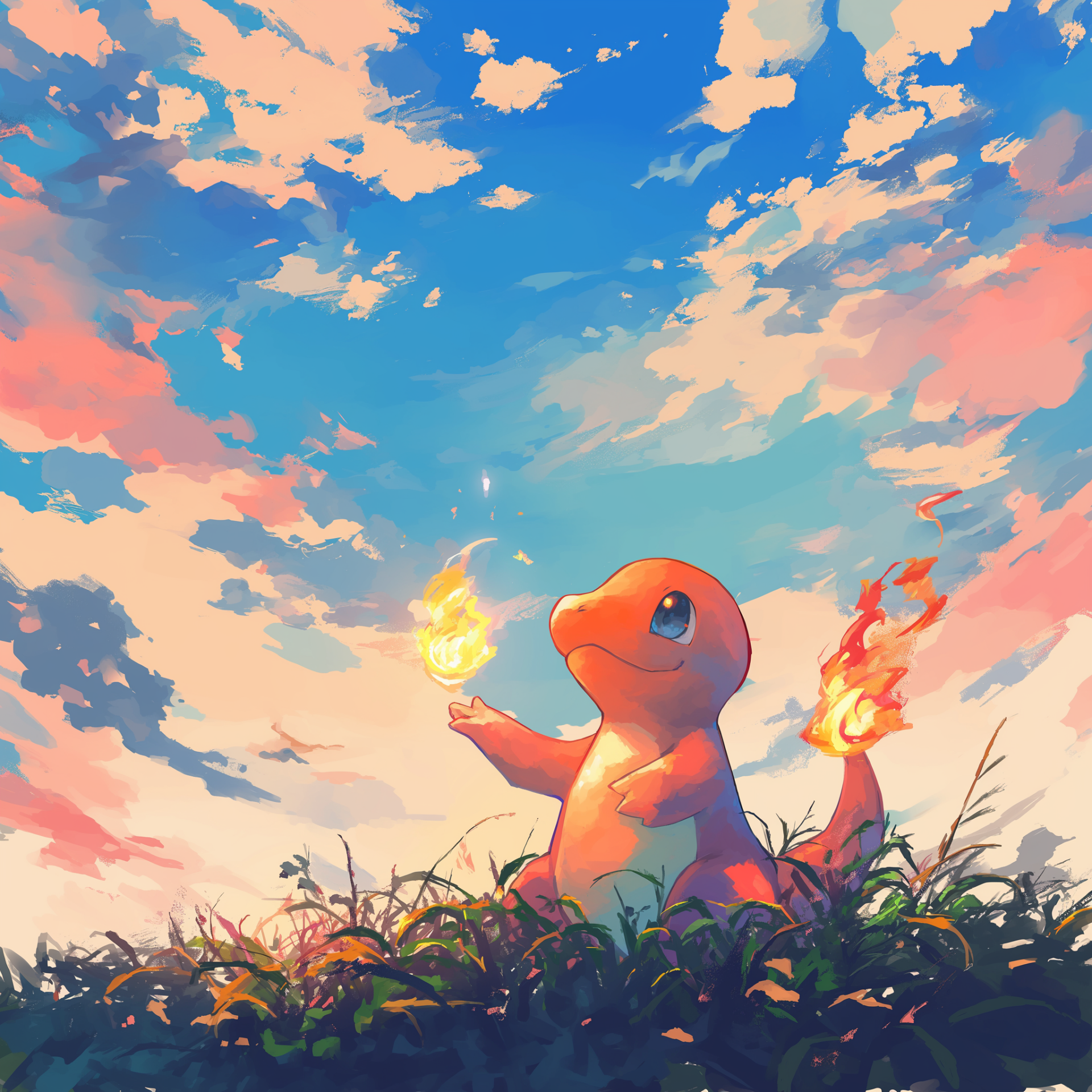Profile photo of Charmander, a Pokémon, standing in tall grass under a vibrant sky, holding a small flame in its hand.