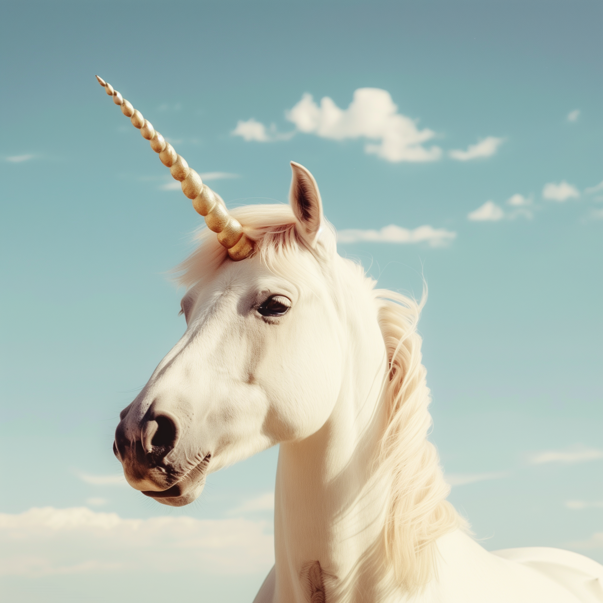 A majestic unicorn with a spiraled horn stands against a bright blue sky, serving as a whimsical profile photo or forum avatar.