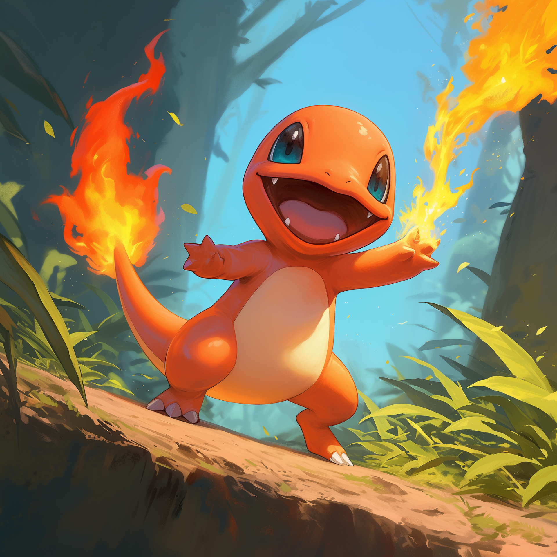 Avatar of Charmander, the fire-type Pokémon, cheerfully standing with its flaming tail in a forest setting.