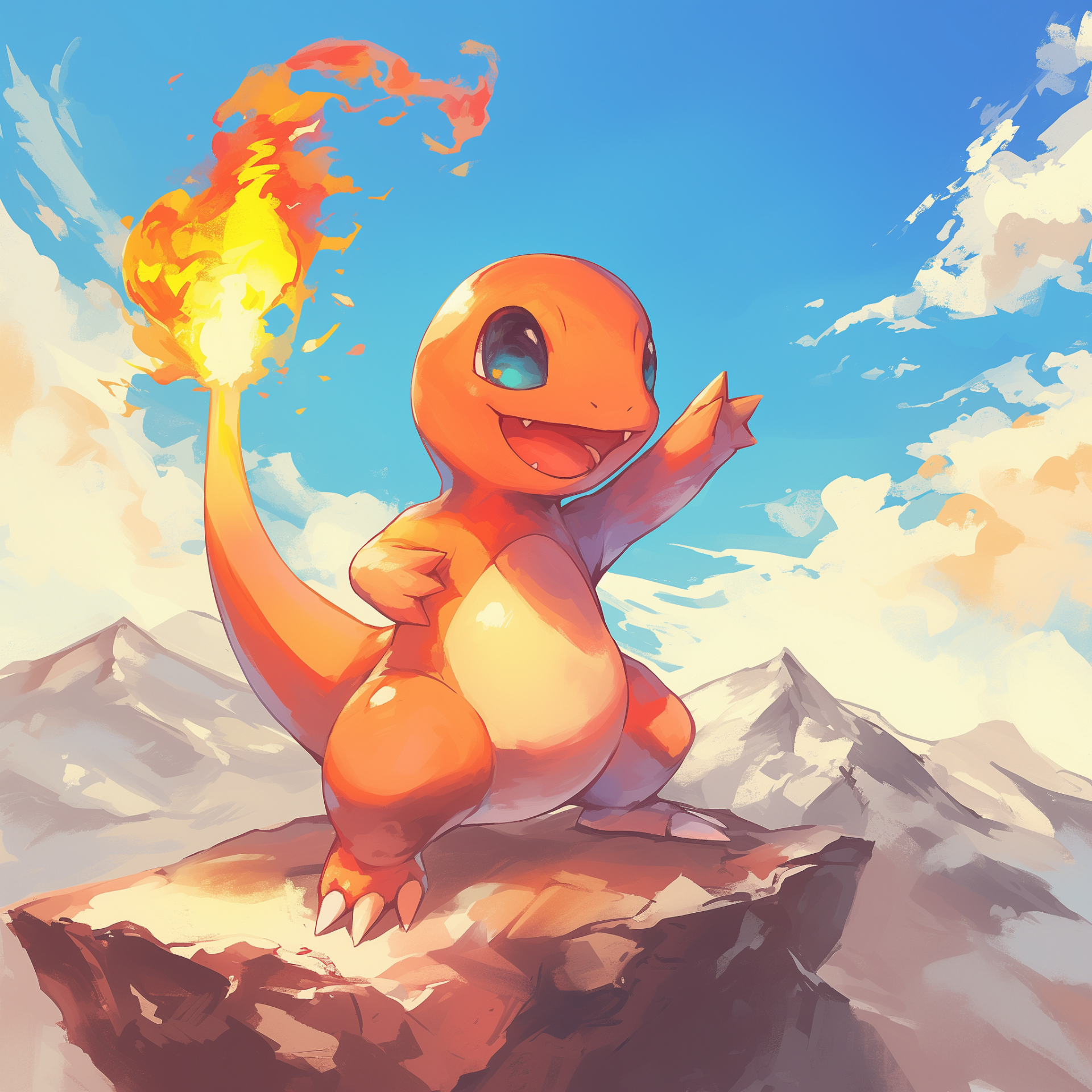Avatar of Charmander, a popular Pokémon, standing triumphantly on a rock with a fiery tail, set against a scenic mountain backdrop.